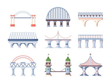 Köprü mimarisi. Kambur şehir kemerli yol köprüsü, endüstriyel inşaat segmentleri, sütunlar kablolu ayı destekliyor. Mimarlık tarzı, metal taş yapı. Clipart vektör grafikleri.