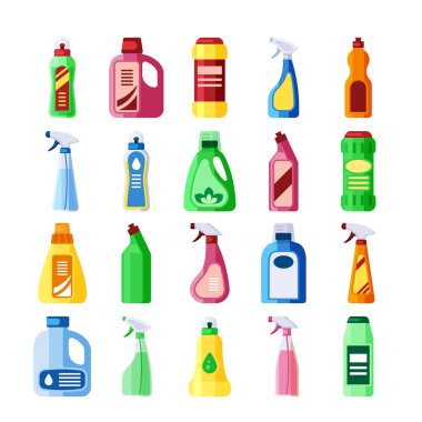 Deterjan seti olan plastik şişeler. Temizlik, çamaşır yıkama, temizlik, temizlik için sabunlu kimyasal sıvıyla dezenfekte edilmiş çeşitli şişeler. Düz stil vektör grafikleri..