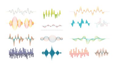 Ses hattı hazır. Ses genliği, ses sinyali, elektronik ritim şarkı efekti, renk eğrisi şekli, dalgalı ses dalgası melodisi olan müzikal dijital iz dengeleyici. Vektör grafikleri.