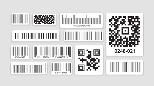 Identifieringskod. Streckkod för skanning med dataskanner, qr-kod för smartphone, monokrom etikett på förpackning, försäljning av varor med detaljhandel informationsteknik. Vektorillustration. — Stock vektor
