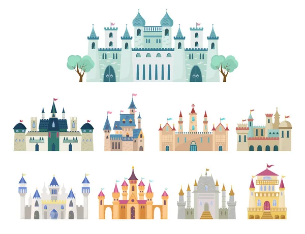 Μεσαιωνικό κάστρο. Αρχαίο κάστρο, ακρόπολη με καμάρες, φρούριο με μιναρέδες, βασιλικό παλάτι, γοτθικά και αναγεννησιακά κτίρια με πύλες, ιστορικό, φανταστικό σχεδιασμό. Διανυσματικά γραφικά σε επίπεδο στυλ. — Διανυσματικό Αρχείο