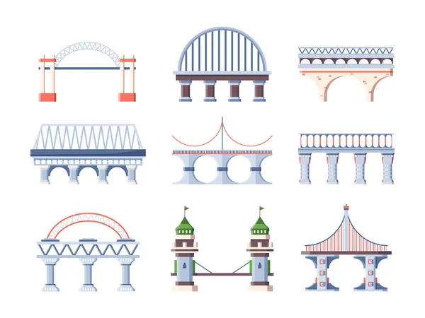 橋セット建築。ハンプバック市アーチ型の道路橋、産業建設セグメント、柱は、ケーブルの月の色の建築様式、金属石の建設をサポートします。クリップパートベクトルグラフィックス. — ストックベクタ