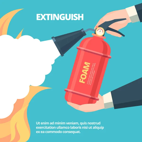 Ilustración de extinción de incendios. Las manos que sostienen los derrames de espuma extintora roja autónoma en el fuego con el concepto de seguridad de la campana, advertencia de protección. Plantilla vector plana . — Archivo Imágenes Vectoriales