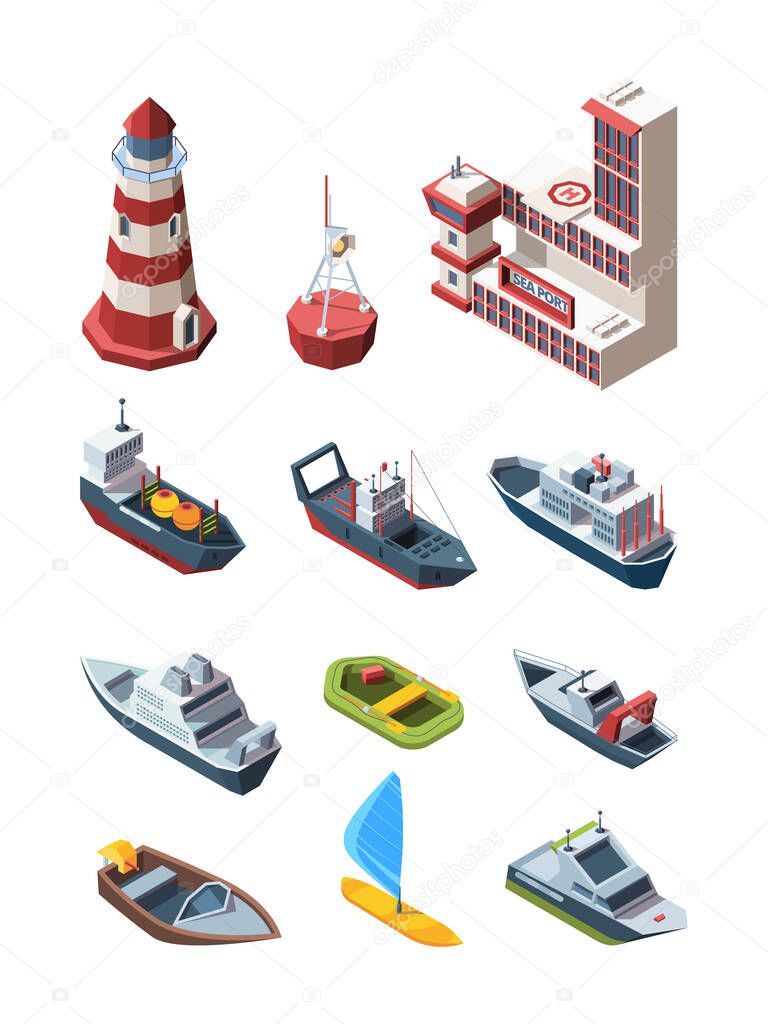 Sea port isometric transport set. Port building lighthouse buoy cargo tanker research vessel, rescue boat pleasure speed inflatable boat windsurfing with sail liner fishing boat. Isometric vector.