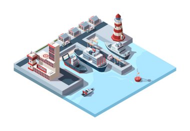 Liman izometrik endüstriyel. Rıhtım ve terminal binasındaki uluslararası liman gemilerinin lojistik çizimi, iskeledeki kargo depolama feneri, Cran deniz şamandırası boşaltılıyor. Vektör çizim biçimi.