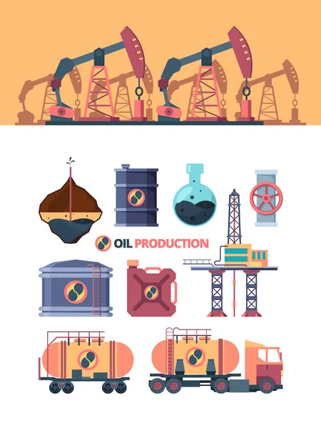 Stel olieproducten in. Boren goed, schommelen met staafpomp, openen klep op pijp, het vervoer per vrachtwagen, extractie samenstelling, pompen in blik, tank, en opslag. Vector graphics in platte stijl. — Stockvector