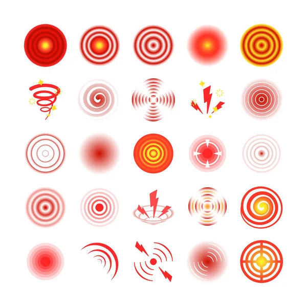 Pain red circles set. Symbol of painkiller, pain and inflammation, migraine, radial stomach pain, muscle, bone and nerve inflammation, red lightning pain localization. Vector graphics.