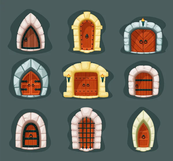 Średniowieczny zestaw drzwi. Gotycka drewniana brama wejściowa z kratami i okrągłą rączką w kamiennej fasadzie, wzmocniona żelazną listwą, zabytkową architekturą zamków, lochów. Grafika wektorowa. — Wektor stockowy