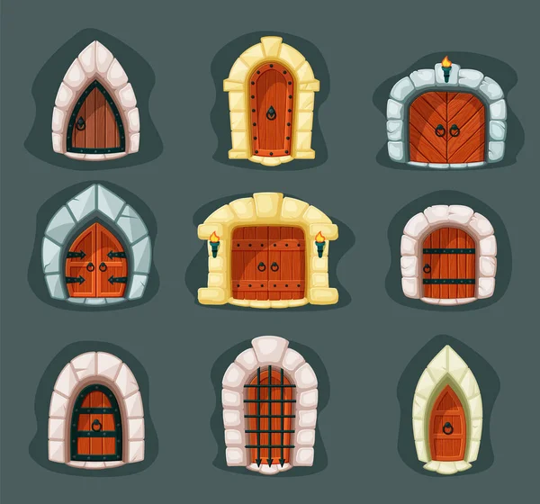 Deur middeleeuwse set. Gotische houten poort ingang met tralies en ronde handgreep in stenen gevel, versterkt met ijzeren strook, oude historische architectuur van kastelen, kerkers. vectorgrafieken. — Stockvector