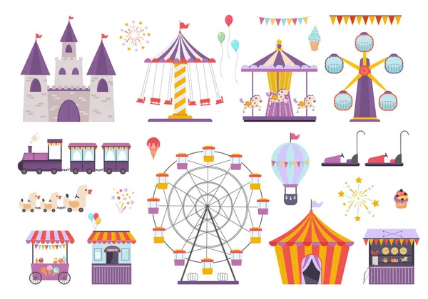 Parc d'attractions prêt. Carrousel coloré avec chevaux, roue ferris, plaisir sur les montagnes russes, tente de crème glacée orange, voitures électriques pour enfants, train pour enfants, feux d'artifice et ballon. Graphiques vectoriels — Image vectorielle