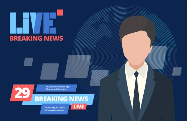 News breaking concept. Leading newsreader news program, daily live tv broadcast entertainment reportage coverage global events, professional interview reporter from the scene. Cartoon vector graphics. — Stock Vector