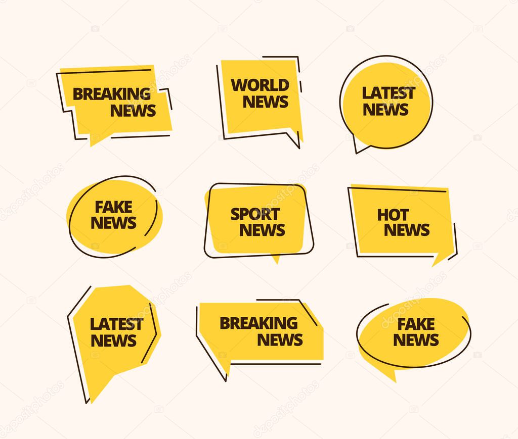 News banner set. Information label news headline sticker sports fake breaking business hot yellow, media promotion daily information. Vector template graphics.