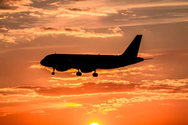 Flygplanslandning vid solnedgången — Stockfoto