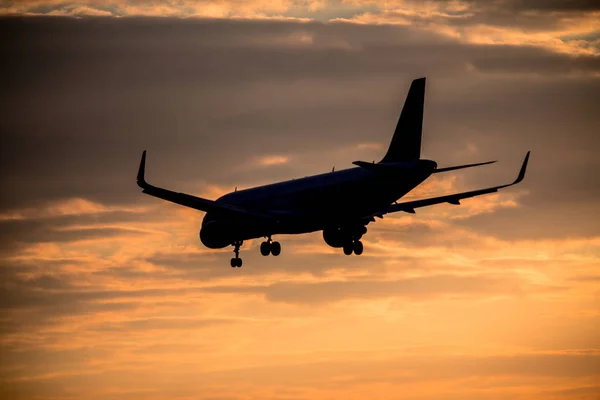 Aterizarea avionului la apusul soarelui — Fotografie, imagine de stoc