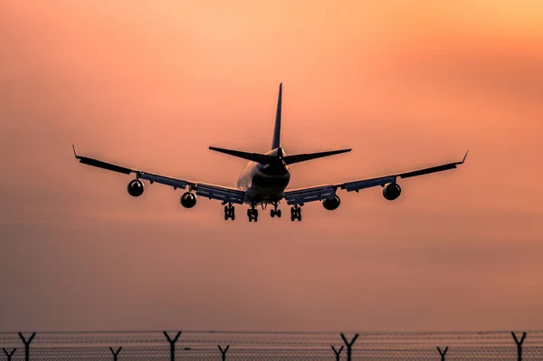 Avión aterrizando al atardecer — Foto de Stock