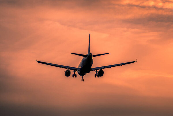 Airplane landing at sunset