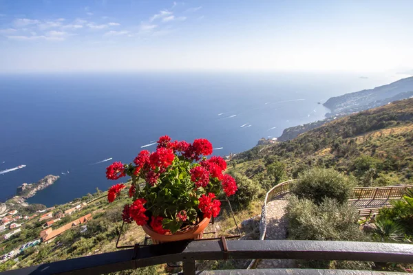 Pot de fleurs sur le point de vue sur la côte amalfitaine, Italie — Photo