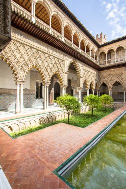 İspanya, Seville Kraliyet Sarayı 'ndaki Teras de las Doncellas.