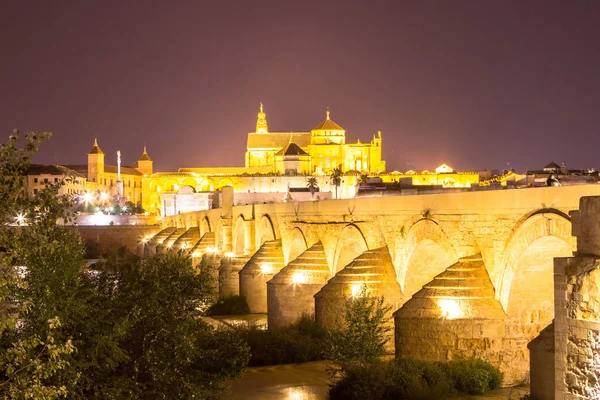 Noční pohled na Mezquitu a Římský most v Cordobě, Španělsko — Stock fotografie