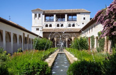 Garden and fountain in patio de la Acequia La Alhambra, Granada, Andalucia, Spain