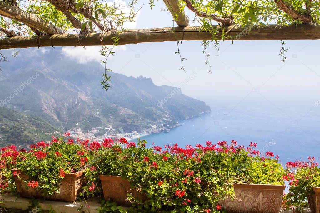 Flower pots on the view point to Amalfi coast in the garden of Villa Rufolo, Ravello, Italy