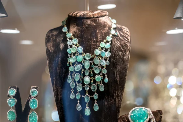 Luxury set of jewelry in showcase of boutique in Sardinia, Italy