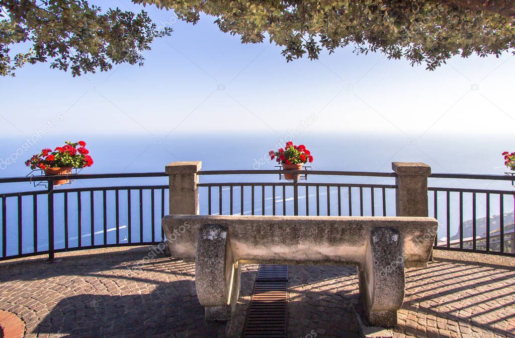 Flowers on the handrails on viewpoint in Pogerola village, Amalfi coast, Italy