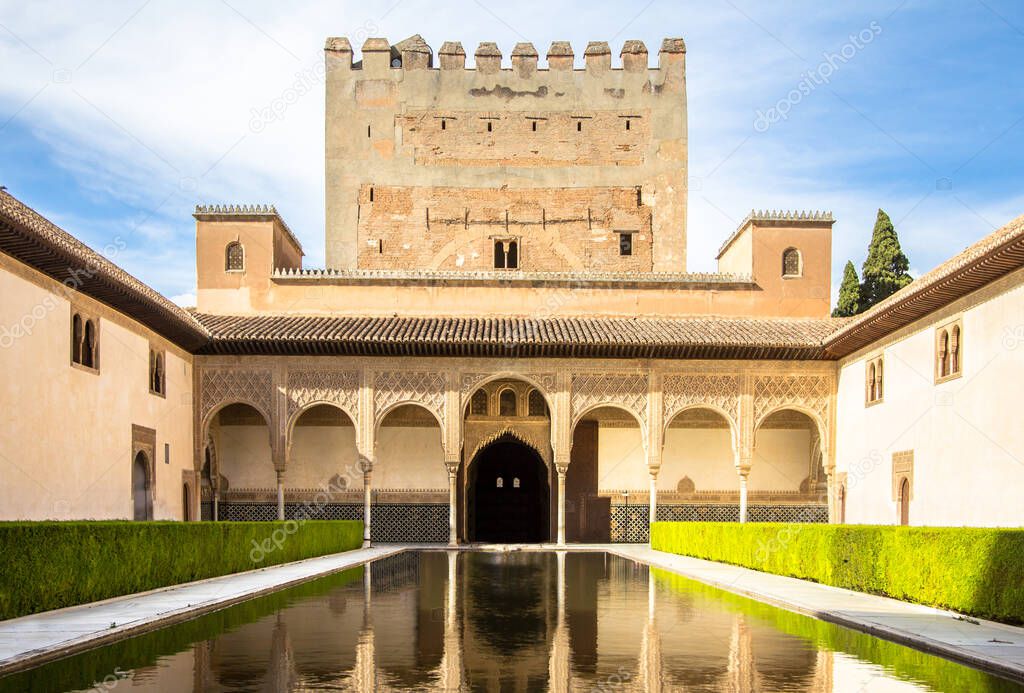 Beautiful courtyard of Alhambra Comares Patio, Granada, Andalucia, Spain