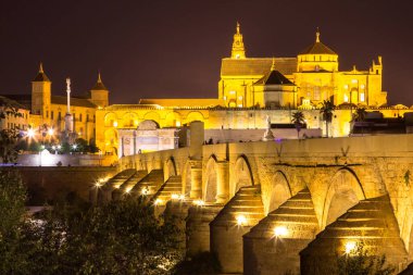 Antik Roma köprüsünün manzarası gece vakti Cordoba, Andalucia, İspanya 'daki Parlayan Mağribi Camii Katedrali (Mezquita) ile aydınlandı