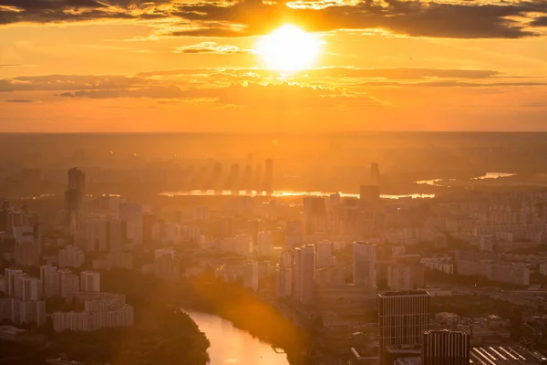 Luchtfoto Van Moskou Stad Bij Zonsondergang Vanaf Het Observatieplatform Van — Stockfoto