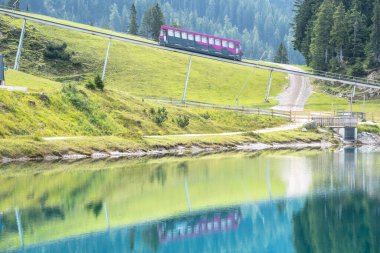 Çam ormanındaki Standseilbahn Jochbahn, Seefeld, Tyrol, Avusturya