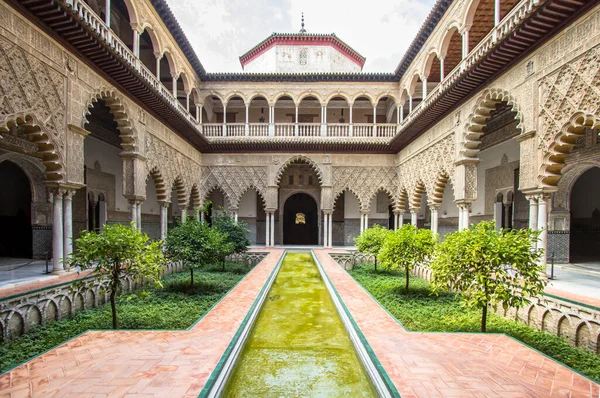 İspanya 'nın Seville Kraliyet Sarayı' ndaki Teras de las Doncellas 'ta sakin yeşil bir bahçe.