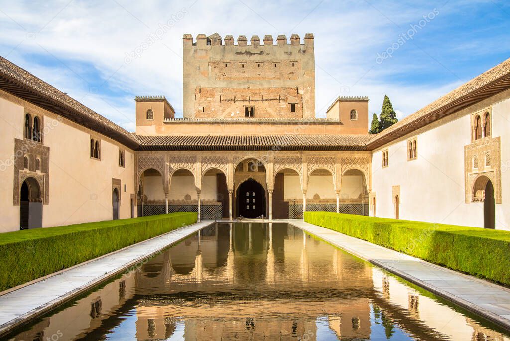 Beautiful courtyard of Alhambra Comares Patio, Granada, Andalucia, Spain