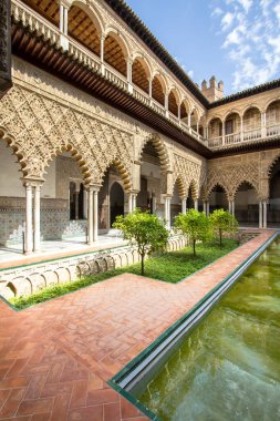 İspanya 'nın Seville Kraliyet Sarayı' ndaki Teras de las Doncellas 'ta sakin yeşil bir bahçe.