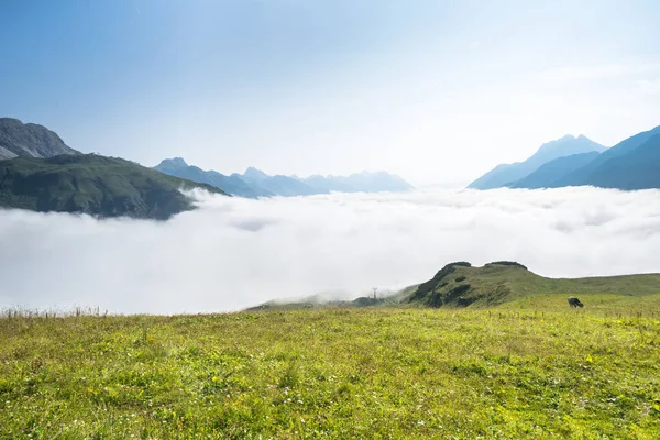 オーストリアのサンアントン付近の霧の中で夏のアルプス — ストック写真