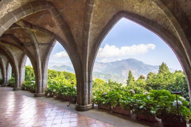 Arcade in a cloister of Villa Cimbrone in Ravello, Amalfi coast, Italy