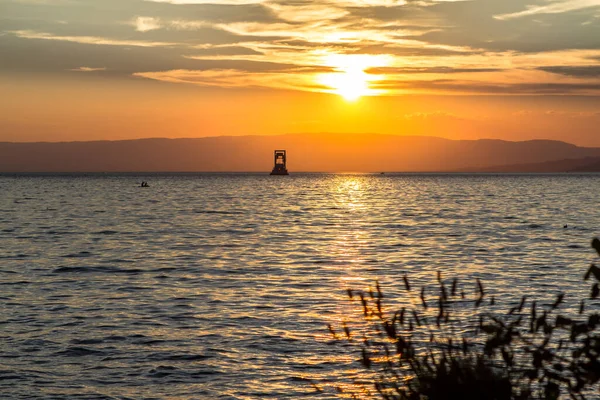 Solnedgång Över Genèvesjön Hamnen Valais Schweiz — Stockfoto