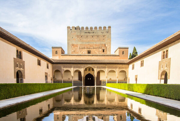 Beautiful courtyard of Alhambra Comares Patio, Granada, Andalucia, Spain