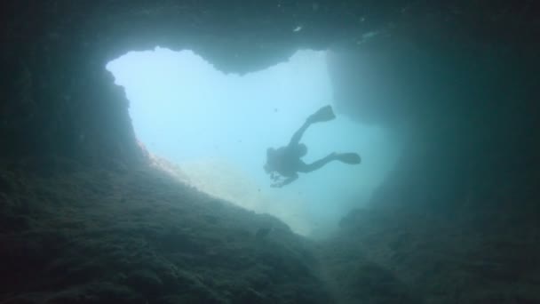 潜水潜水者在水中的防波堤 — 图库视频影像