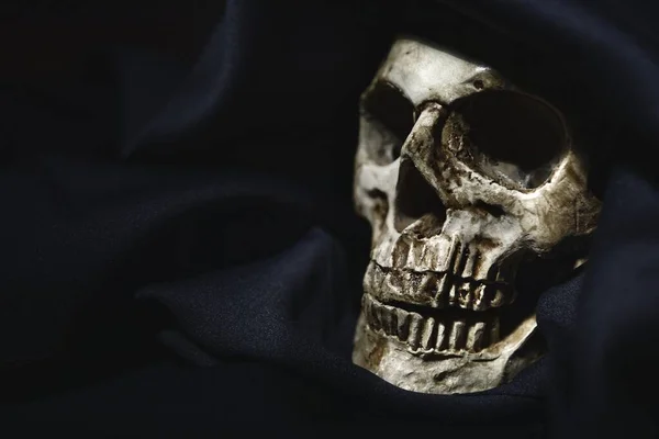 클로즈업 사진 검은 가운으로 덮여 오래된 두개골 — 스톡 사진