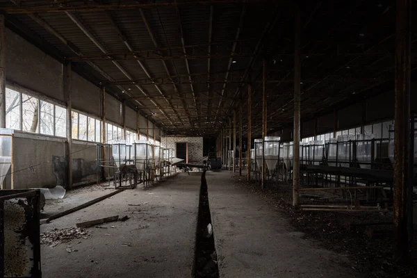 Opuszczone wnętrze przemysłowe ze zbiornikami hodowlanymi — Zdjęcie stockowe