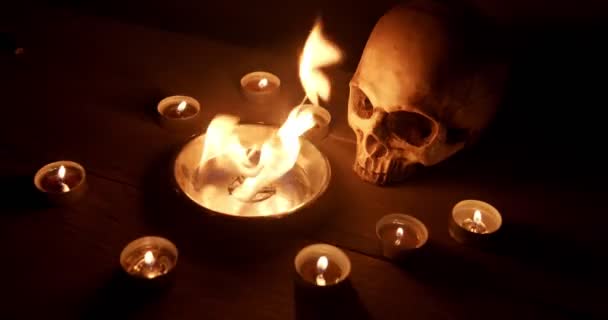 Burning pentacle on altar closeup footage — Stock Video