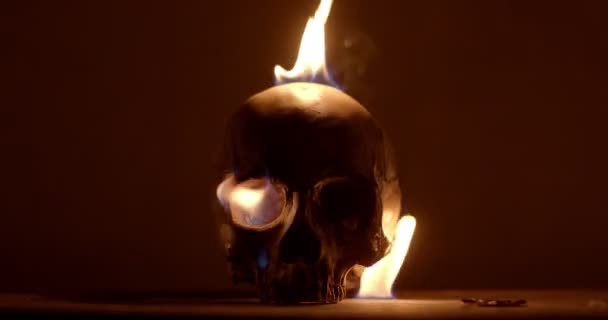 Burning human skull closeup footage — Stock Video
