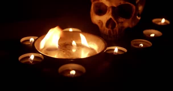 Burning pentacle on altar closeup footage — Stockvideo