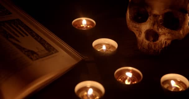 Altar with magical grimoire closeup footage — Stok video