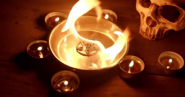 Burning pentacle on altar closeup footage — Stock videók