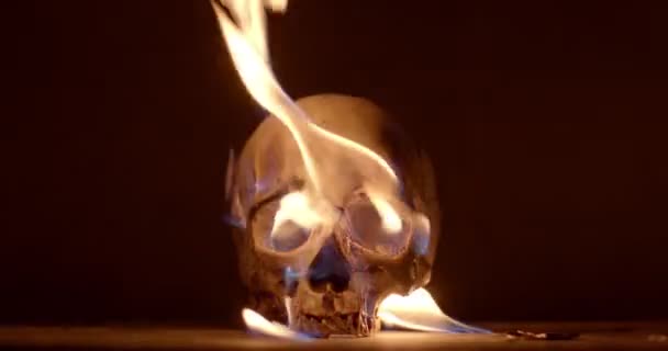 Burning human skull closeup footage — Stockvideo