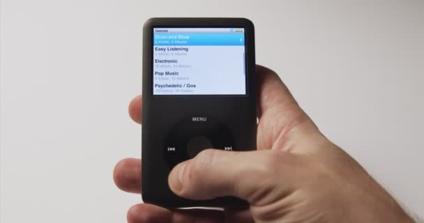 BUDAPEST, HUNGARY - JANUARY 07, 2020: The iPod Classic is a portable media player created and formerly marketed by Apple Inc. — ストック動画