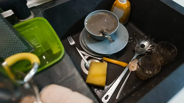 Washing Dirty Dishware Black Sink Closeup Photo — Stock Photo, Image