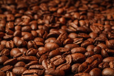 Kavrulmuş kahve çekirdekleri, arka plan olarak kullanılabilir. Kahve dükkanı için kahve üretimi konsepti. Koyu bir zemin üzerinde kızardıktan sonra tahıllar